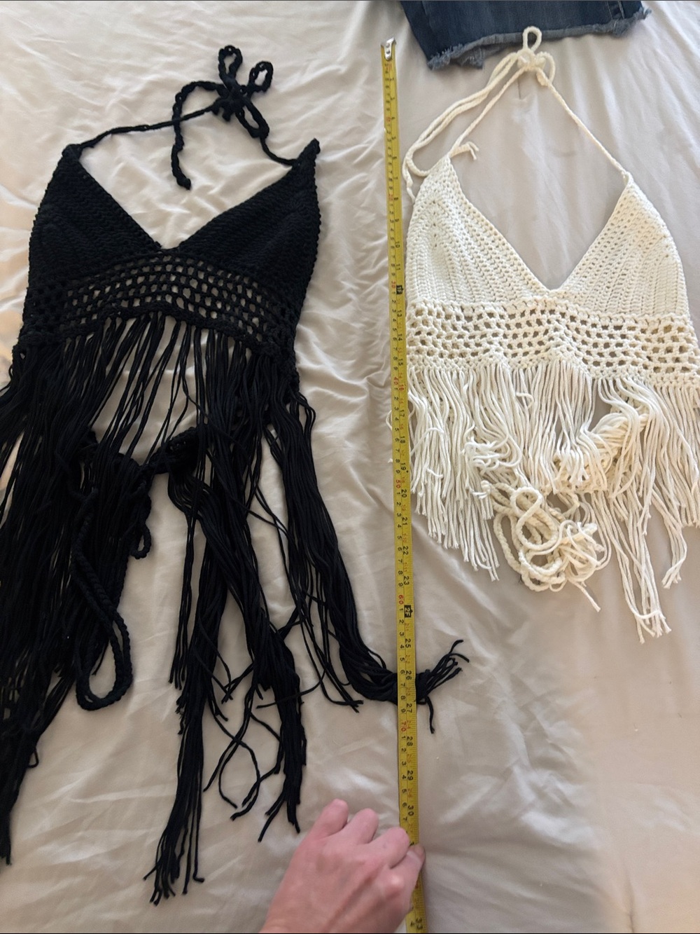 Handmade Crochet Fringe Halter Top - Black & Cream